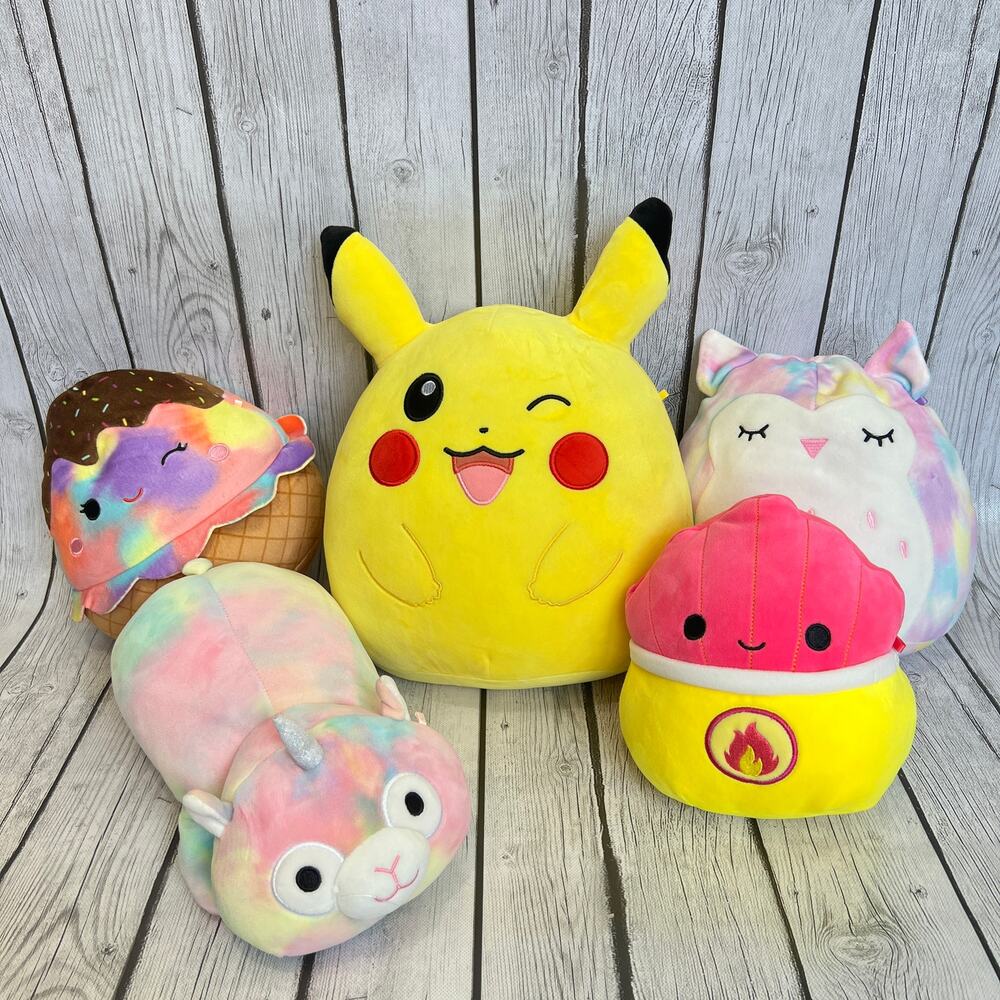 Lot/5 Squishmallow Plush.Pikachu, Mariska, Lesedi Owl, Glady Ice Cream Llamacorn